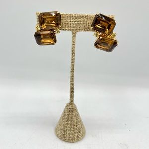 Vintage brown rhinestone clip on gold tone geometric earrings